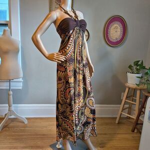 Vintage Y2K City Triangles Halter Dress Brown Maxi Mesh Paisley Whimsigoth Small